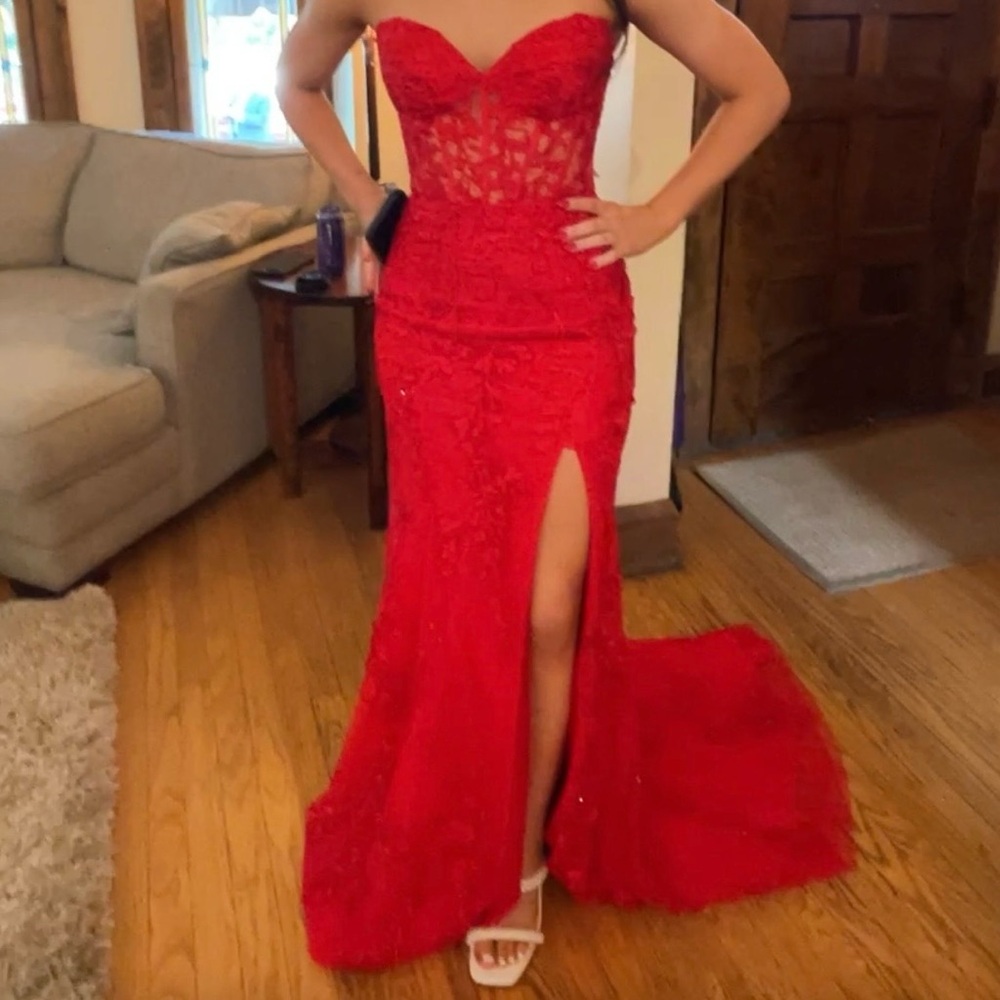 Sherri Hill Strapless Red Gown with Lace and Slit
